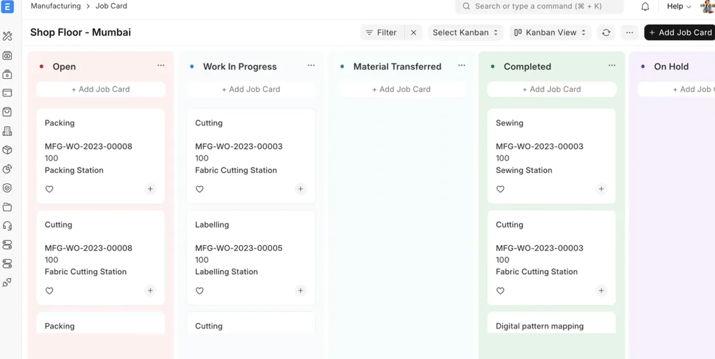 A shop floor board in ERPNext: job cards in Open, Work In Progress, Material Transferred, Completed and On Hold columns, each naming its work order and station.