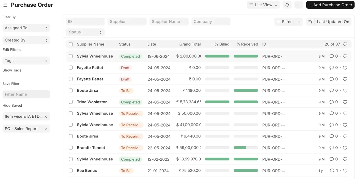 A purchase order list in ERPNext, each row showing supplier, status, date, grand total and how much has been billed and received.