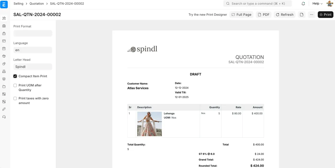 A quotation in ERPNext beside its print preview, showing the customer, line items, quantities and totals as the document a customer would receive.