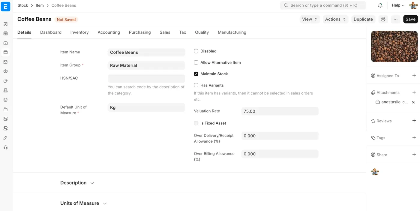An item master in ERPNext showing the item code, group, unit of measure, valuation and reorder settings alongside its stock and accounting tabs.