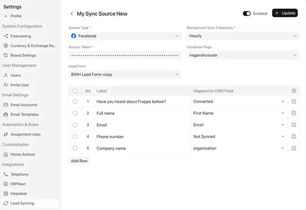 Frappe CRM lead sync settings: a Facebook source with its page and lead form, synced hourly, and each form question mapped to a CRM field.