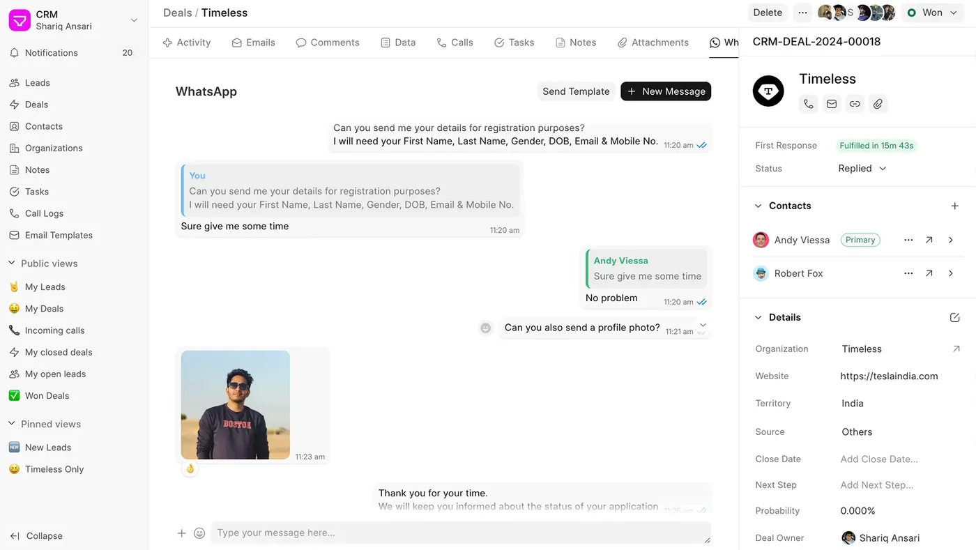 The WhatsApp tab on a Frappe CRM deal: a conversation with the customer, messages and a photo, inside the deal record.