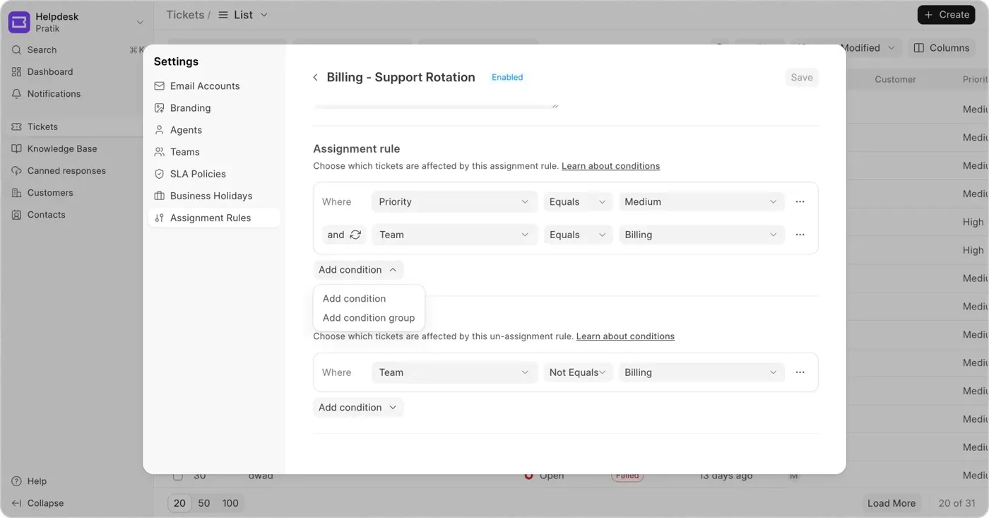 An assignment rule called Billing - Support Rotation: tickets where priority is Medium and team is Billing get assigned by this rule.