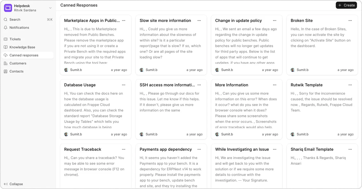 The canned responses screen: a grid of saved replies, each with a title, the start of its text and who wrote it.