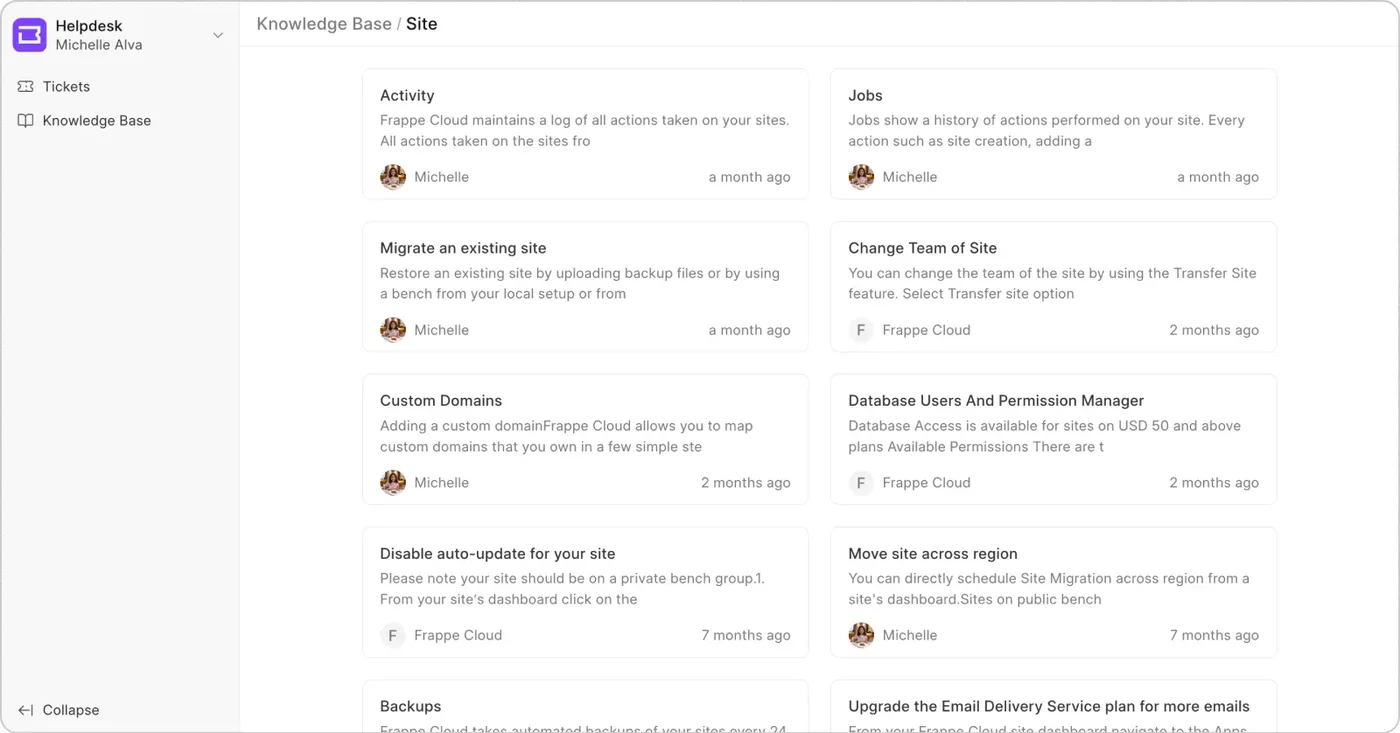 A knowledge base category on the portal, laid out as cards, one per article, each with its opening lines.