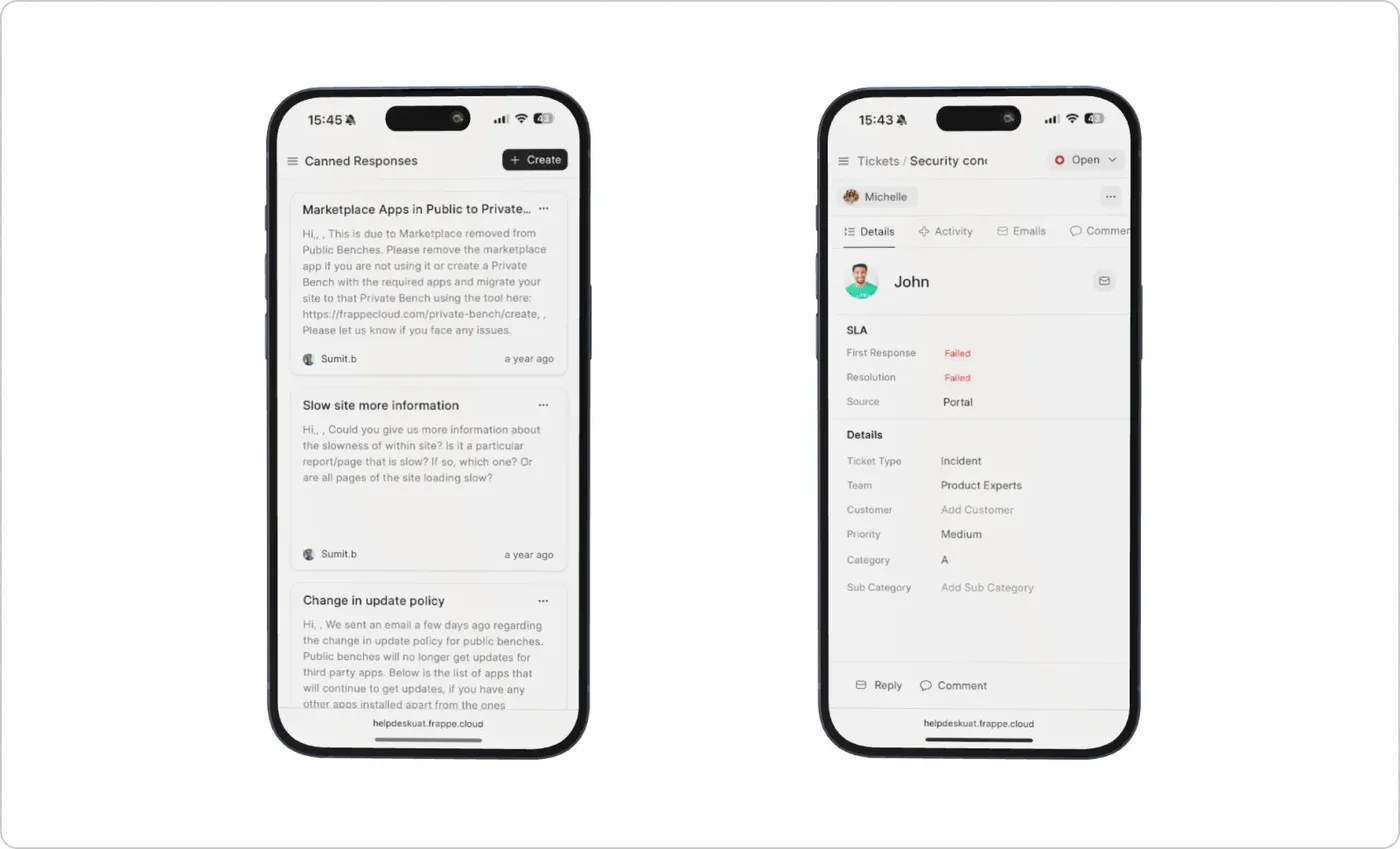 Frappe Helpdesk on two phones: the canned responses list, and a ticket with its SLA status and details.
