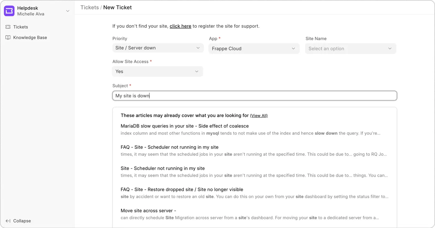 A customer raising a new ticket on the portal: as they type the subject, matching knowledge base articles appear beneath it.