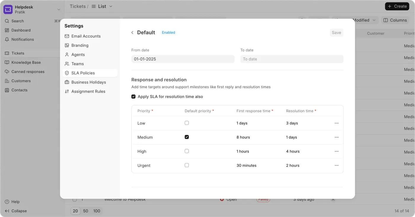 An SLA policy in Helpdesk settings: first-response and resolution times for Low, Medium, High and Urgent priority.