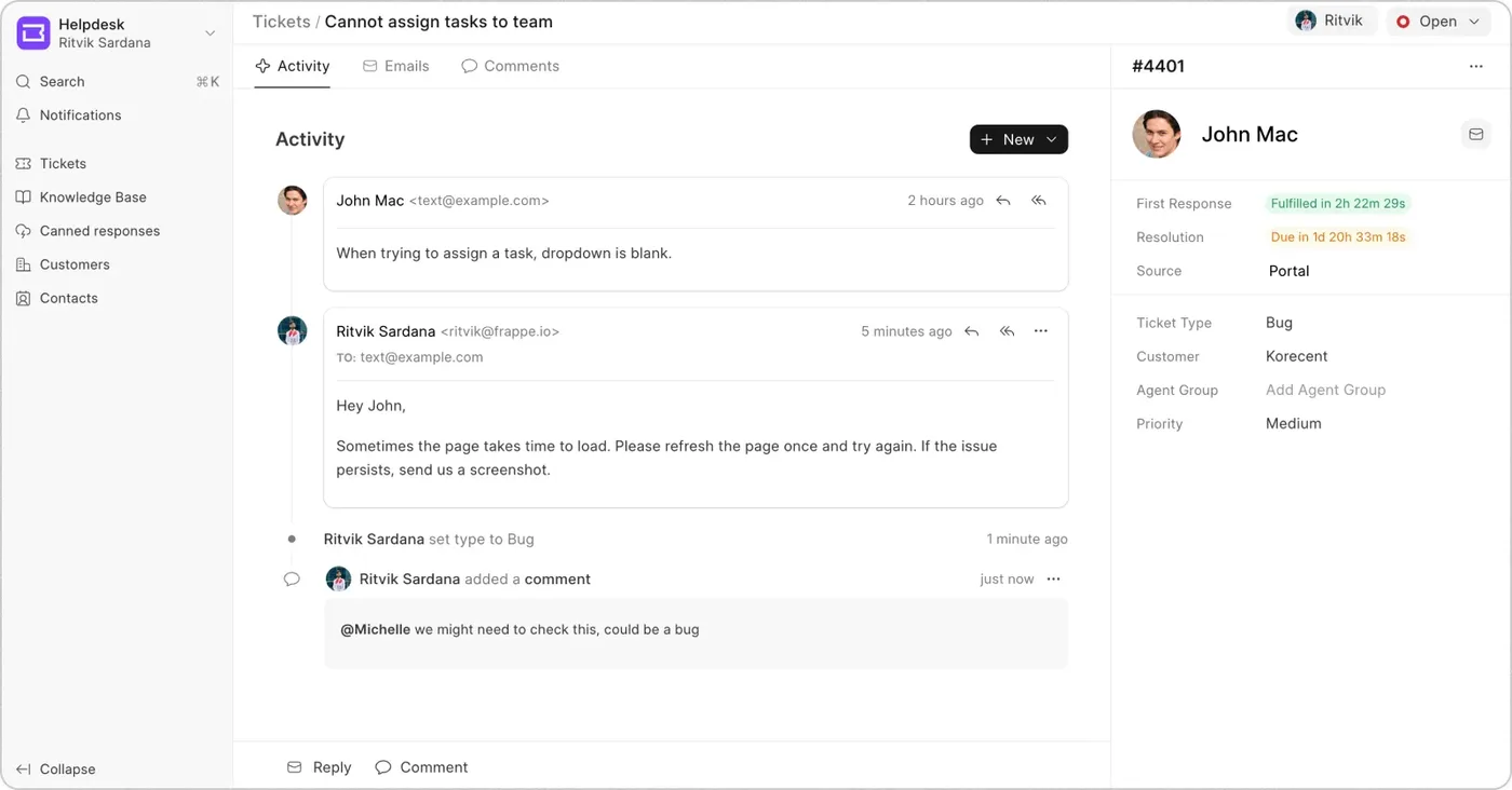 A ticket open in Frappe Helpdesk: the customer's message, the agent's reply and an internal comment in one activity thread, with first-response and resolution status down the right.