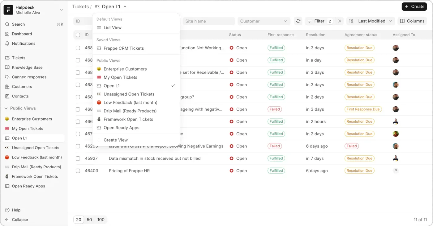 The ticket list with the views menu open: saved and public views such as Enterprise Customers, My Open Tickets and Unassigned Open Tickets.