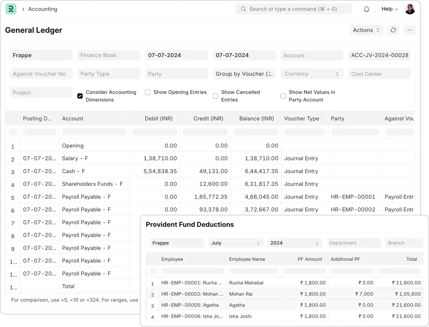 Frappe HR's general ledger for a payroll date, with salary and payroll payable posted as journal entries per employee, and over it the Provident Fund Deductions report for July listing each employee's PF amount, additional PF and total.