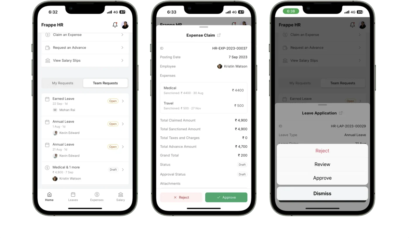 Three phone screens from the Frappe HR mobile web app: the home screen with team leave requests waiting, an expense claim of ₹4,900 with Reject and Approve buttons, and a leave application with Reject, Review and Approve options.