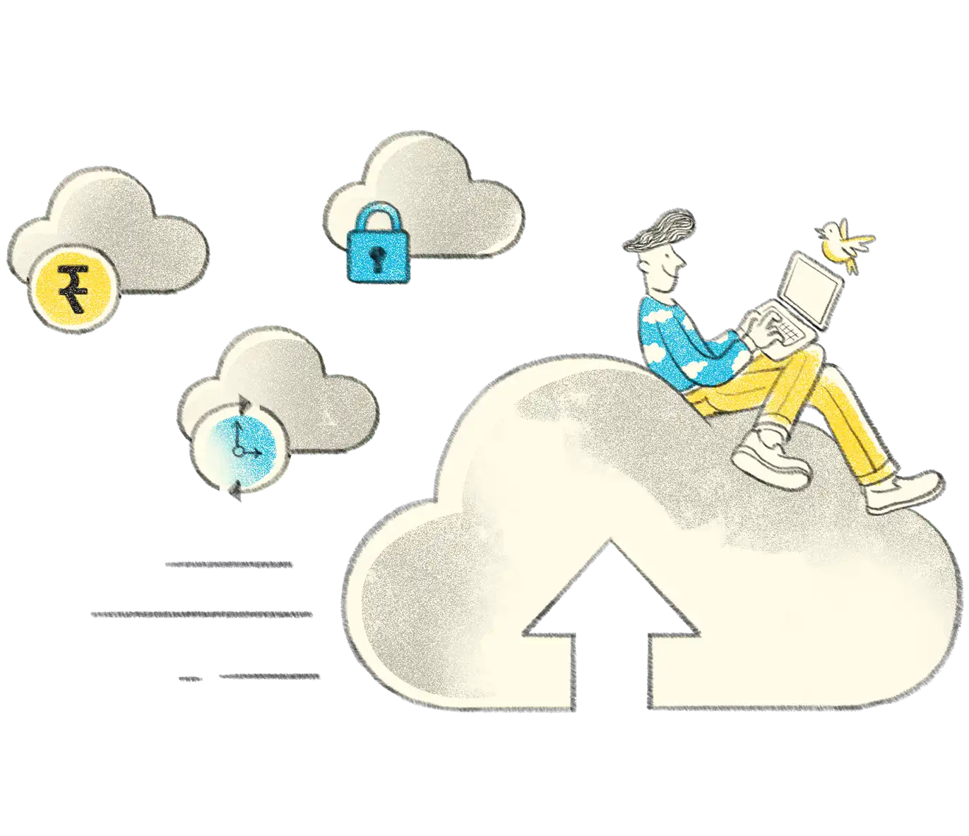 A sketched figure working on a laptop, sitting on a large cloud with an upload arrow, beside small clouds marked with a rupee, a padlock and a clock.