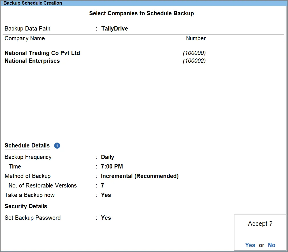 TallyDrive backup schedule: daily at 7 PM, incremental, seven versions kept, password protected