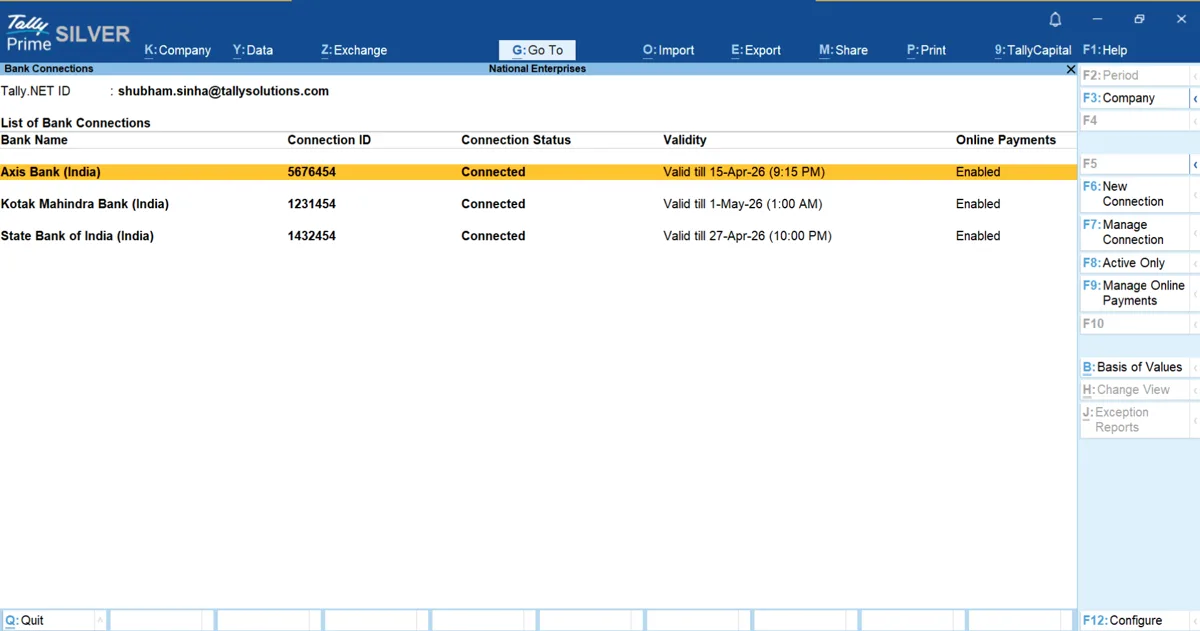 Tally’s bank connections screen: Axis, Kotak and SBI accounts connected, with validity and online payments enabled.