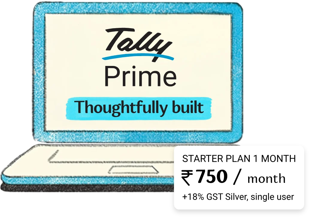 A sketched laptop showing the TallyPrime logo and the words Thoughtfully built, beside a card: starter plan, 1 month, ₹750 a month plus 18% GST, Silver, single user.